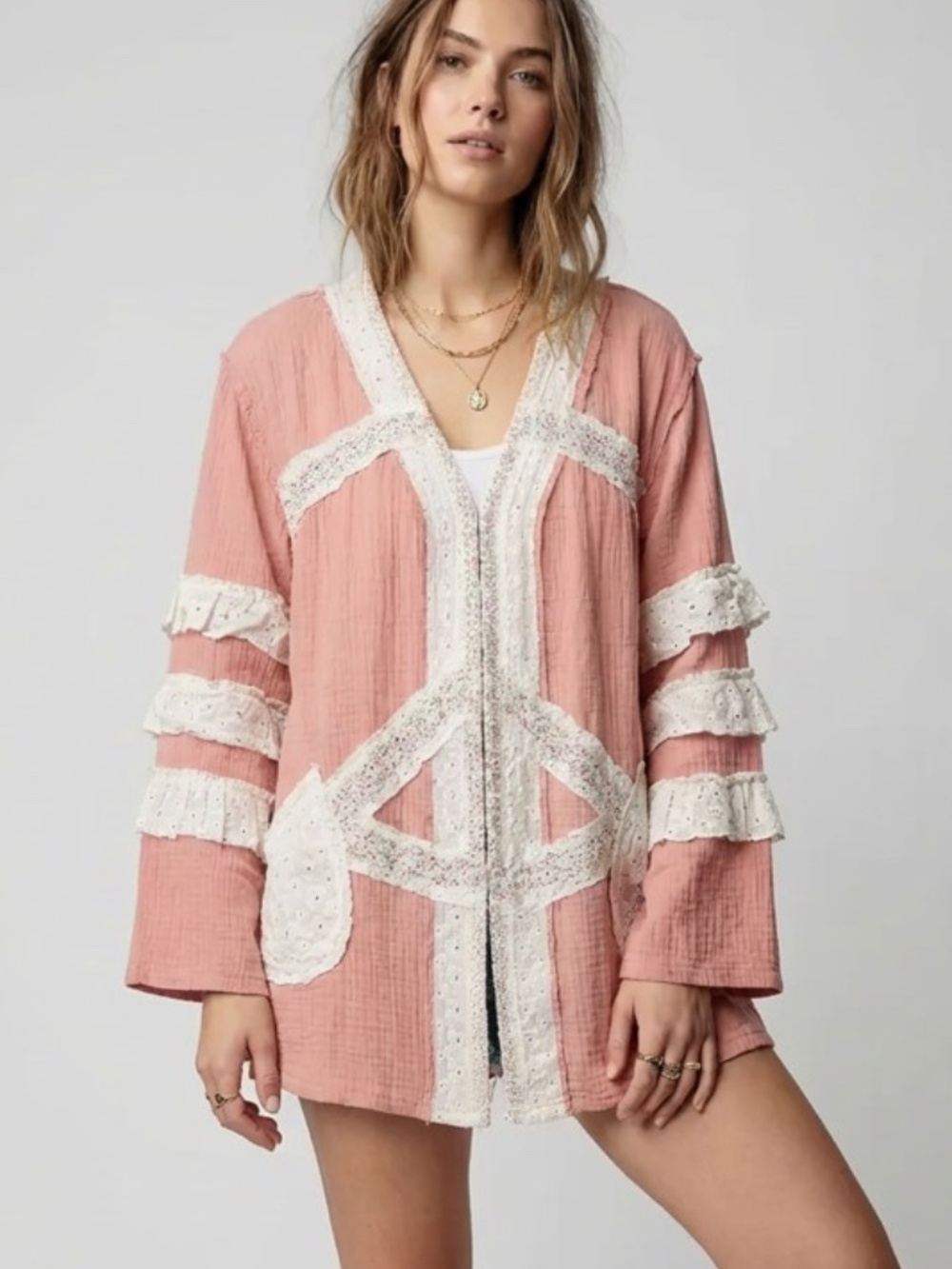 "The Sonya" Boho Lace-Trim Peace Sign Cardigan Jacket - Picture 3 of 5